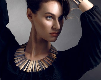 Gold Statement Necklace, Leather Necklace for Women, Large Collar Necklace, Statement Jewelry, Gold One-Of-A-Kind Necklace,Gold Bib Necklace