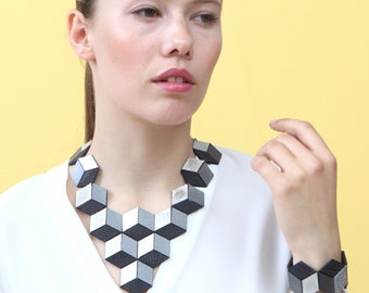 Silver Necklace Bracelet Set for women | Unique Modern Leather bib necklace | Geometric Statement Jewelry | Necklaces and bracelets for her