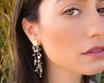Gold Statement Earrings | Post Drop Earrings | Large Leather Earrings | Long Earrings for women | Asymmetric Jewelry |  Big Dangle Earring