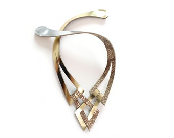 Reversible two in one Gold and Silver Leather Necklace | Unique Avant-Garde statement bib necklace | 2 in 1  modern large geometric Jewelry.