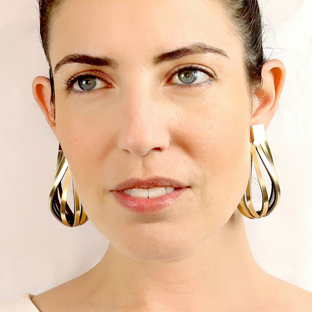 Gold Leather Earring, Large Earrings for Women, Gold Statement Earrings, Long Earrings, Leather