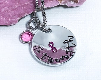 Breast Cancer Gift - Cancer Awareness Pink Ribbon Strength Charm - Hand Stamped Jewelry Survivor Gift