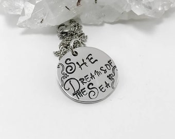 Beach Necklace - She Dreams Of The Sea Quote Charm - Ocean Cruise Vacation Necklace - Mermaid Charm - Beach Lover