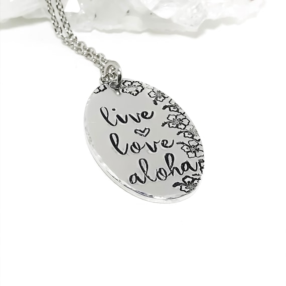 Hawaiian Jewelry - Live Love Aloha Necklace - Oval Pendant Hibiscus Flower Heart - Honeymoon Necklace
