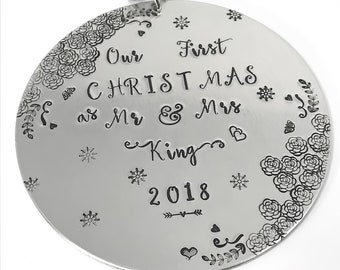 Our First Christmas As Mr. And Mrs. 2022 - Personalized Christmas Ornament - Hand Stamped Newlywed Gift - Couples Holiday Gift
