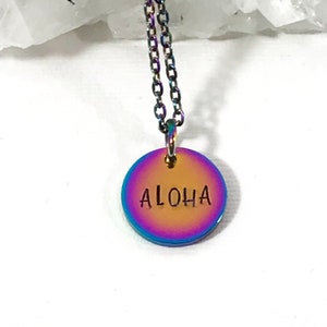 Aloha Necklace Hawaiian Jewelry - Anniversary Gift For Girlfriend Wife - Rainbow Plated Stainless Steel Disc Chain - Custom Word