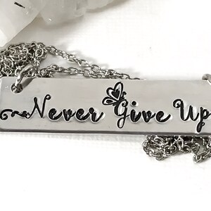May include: Silver necklace with a rectangular pendant that says "Never Give Up" with a small butterfly design.