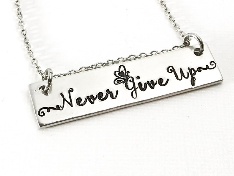 May include: Silver necklace with a rectangular pendant that says "Never Give Up" with a small butterfly design above the words.
