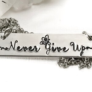 May include: Silver necklace with a rectangular pendant that says "Never Give Up" with a small butterfly design.