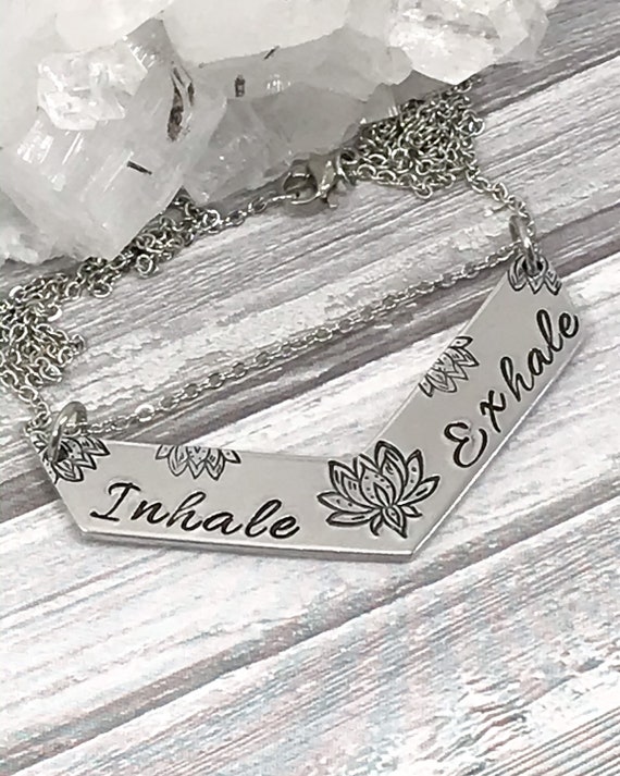 Inspirational Bar Necklace - Inhale Exhale Lotus Pendant - Hand Stamped - Yoga Meditation