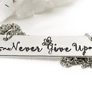 May include: A silver necklace with a rectangular pendant that reads "Never Give Up" with a small butterfly design.