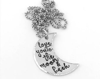 Love You To The Moon And Back Gift Necklace - I love You Stamped Moon Necklace - Personalized Jewelry Gift For Mom