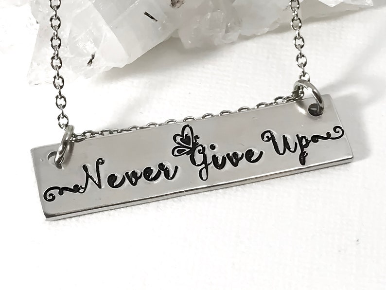 May include: A silver necklace with a rectangular pendant that reads "Never Give Up" with a small butterfly design.