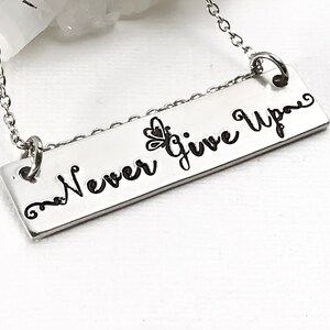 May include: Silver necklace with a rectangular pendant that says "Never Give Up" with a small butterfly design.