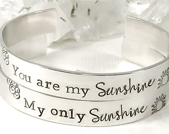 You Are My Sunshine Bracelet Gift Set - Mother Daughter Jewelry - Inspirational Quote Cuff - Gift For Mom