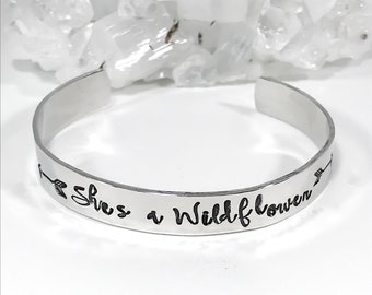 She's A Wildflower Cuff Bracelet - Hand Stamped Boho Bracelet - Positive Affirmation Jewelry  - Positive Vibes And Mindful Thinking Gift