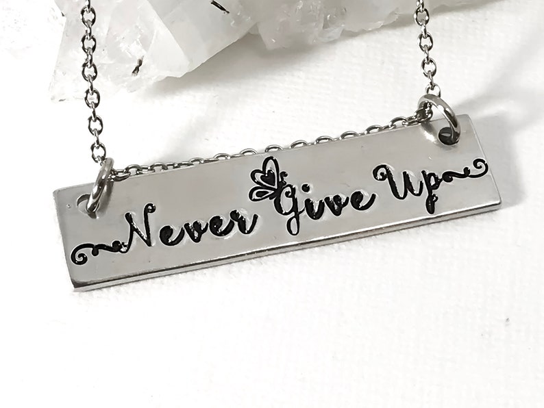 May include: Silver necklace with a rectangular pendant that says "Never Give Up" with a butterfly design.