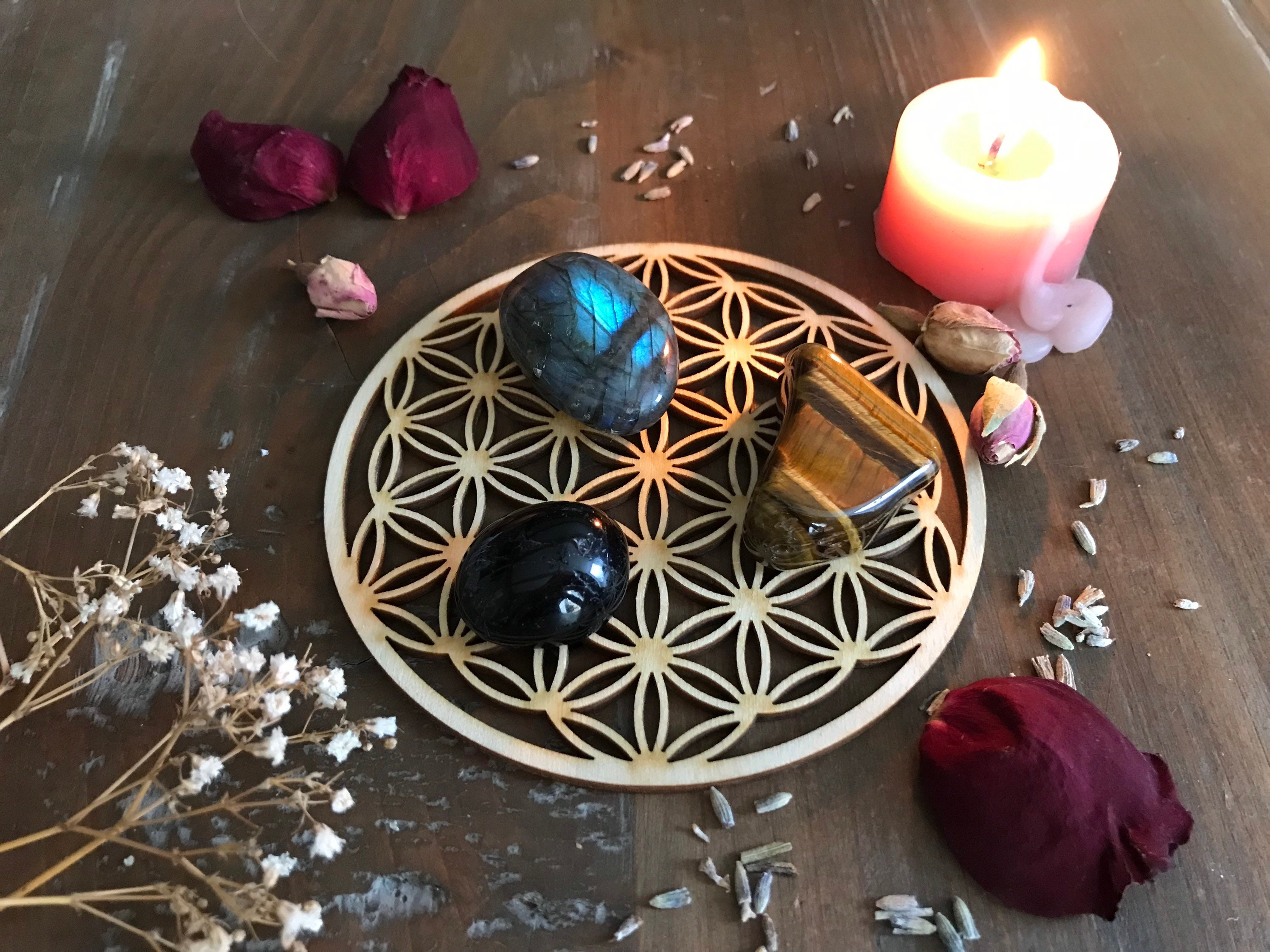 Protection Pochon Lithothérapie Œil de Tigre Labradorite Tourmaline Noire Fleur Vie Cesira