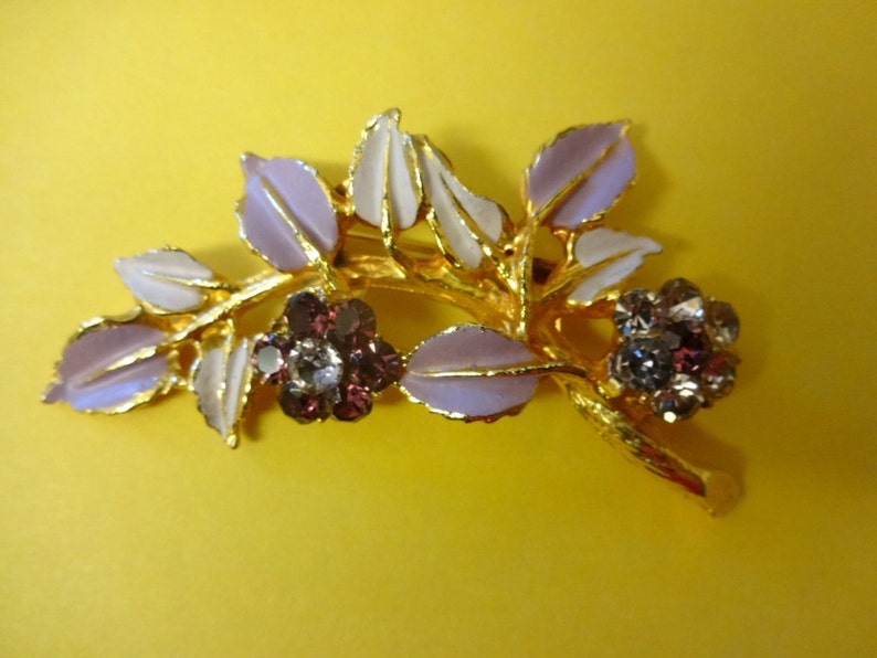 Vintage Lilac Rhinestone Flower Brooch Enamel Brooch Rhinestone Flower Brooch