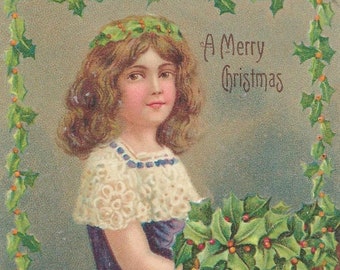 Christmas Postcard Young Girl Holding Holly Standing in Purple Gown Embossed Card Series 769