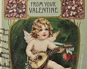 Valentine Postcard Cupid Playing Mandolin on Giant Red Mushroom Applied Glitter Germany