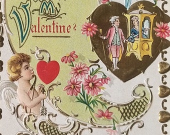 Valentine Postcard Gold Embossed Hearts Cupid with Couple in Carriage