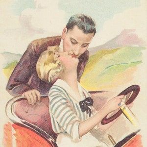 Romance Postcard Female Artist Signed Suzanne Meunier Paris France Green Back Card Amour Delices Autos Couple Kissing While Lady Drives