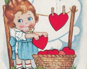 Valentine Postcard Little Girl Hanging Hearts Whitney Publishing