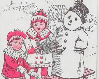 New Year Postcard Snowman with Children Red Black White Theme Glædelig Jul Danish Happy New Year