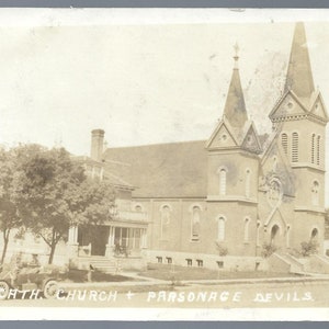 RPPC Devil&#39;s Lake N.D. Catholic Church & Parsonage 1913 Real Photo Postcard North Dakota