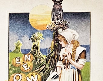 Vintage Halloween Postcard: Milk Maiden, Black Cat & Pumpkins