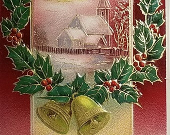 Christmas Postcard Gold Embossed Landscape Snow Holly Wreath Bells Red Background Series 7096