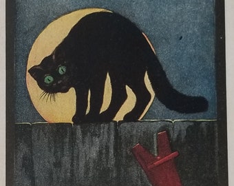 Halloween Postcard Black Cat On Fence Full Moon Ullman Series 138