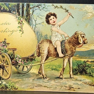 Vintage Easter Postcard: Child Riding Lamb, Gold Embossed Egg