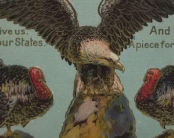 Thanksgiving Postcard Eagle & Turkeys Our National Birds Peace and Plates Gold Highlights
