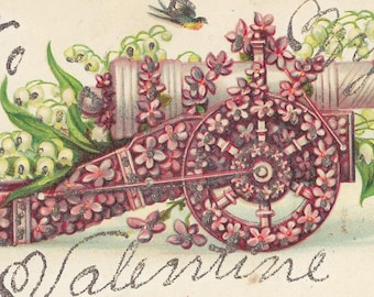 Valentine Postcard Cannon Covered in Flowers Valentine in Glitter Series 181 Germany