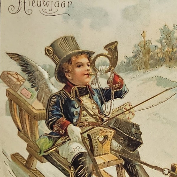 New Year Postcard Man in Top Hat & Suit Blowing Horn Riding Sled Gold Embossed PFB Publishing Dutch Greetings