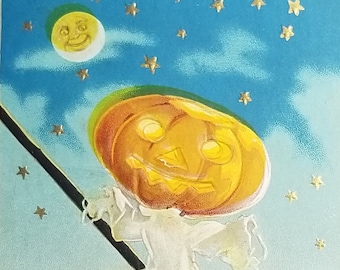 Halloween Postcard Embossed JOL Ghost on Broomstick in Star Filled Sky Series 34C Tree Bark Like Border