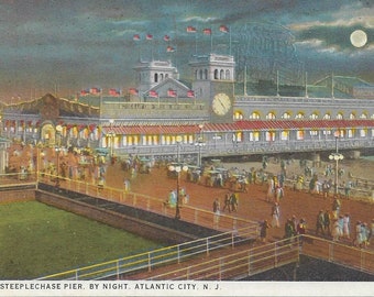Real Photo Postcard RPPC Color Tinted Atlantic City NJ Steeplechase Pier By Night