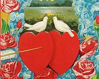 Valentine Postcard Embossed with Gel Finish Doves Over Giant Red Heart with Blue Flowers