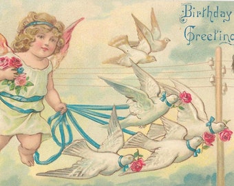 Birthday Greetings Postcard Cupid Angel Flying w/ Doves in Sky Electric Lines Showing Undivided Back