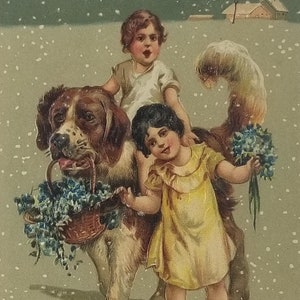 Vintage New Year&#39;s Postcard: Children Riding Saint Bernard Dog