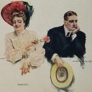 Romance Couple Postcard Artist Chandler Christy Titled Teasing Woman Handing Man Holding Hat a Rose 1906