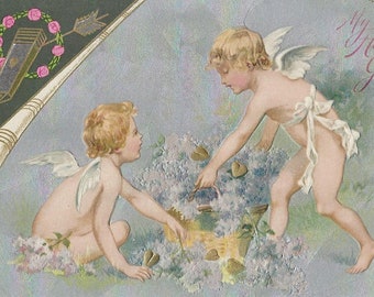 Valentine Postcard Embossed Card Cupids Gathering Flowers Silver Background John Winsch Publishing