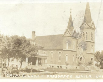 RPPC Devil's Lake N.D. Catholic Church & Parsonage 1913 Real Photo Postcard North Dakota