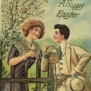 Vintage Easter Postcard: Edwardian Couple, Gold Embossed German Card