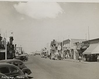 RPPC Postcard Anchorage AL Street Scene Shops Stores Real Photo Card 1940s Alaska