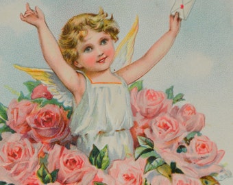 Birthday Wishes Postcard Raphael Tuck Publishing Birthday Post Card Series Angel Child Holding Letter in Bouquet of Flowers