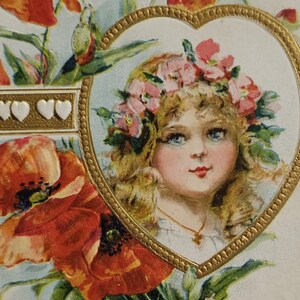 Vintage Valentine Postcard, Raphael Tuck Brundage Girl in Heart Portrait Poppy Flowers, Antique Post Card
