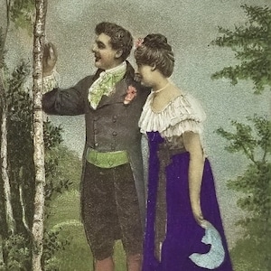 Romance Postcard Couple in Forest Edwardian Woman Wearing Purple Silk Applied Skirt
